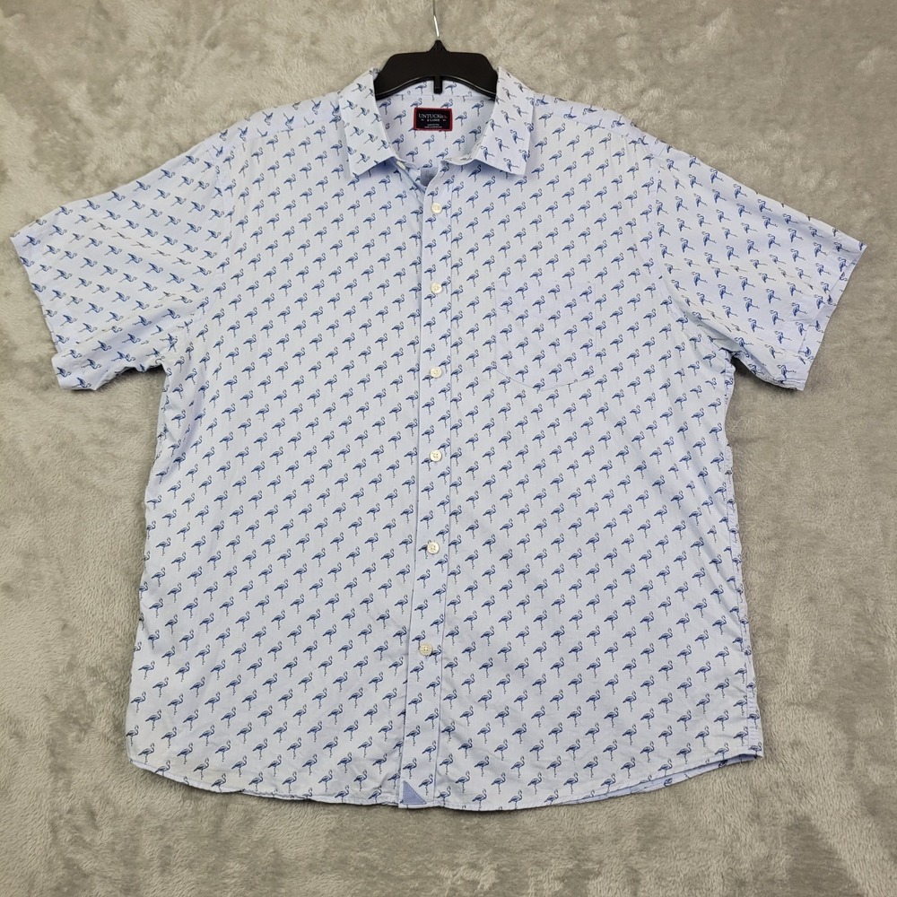 UNTUCKit Shirt Mens XL Blue Button Up Short Sleeve Flamingo Print Cotton Casual - Picture 3 of 8